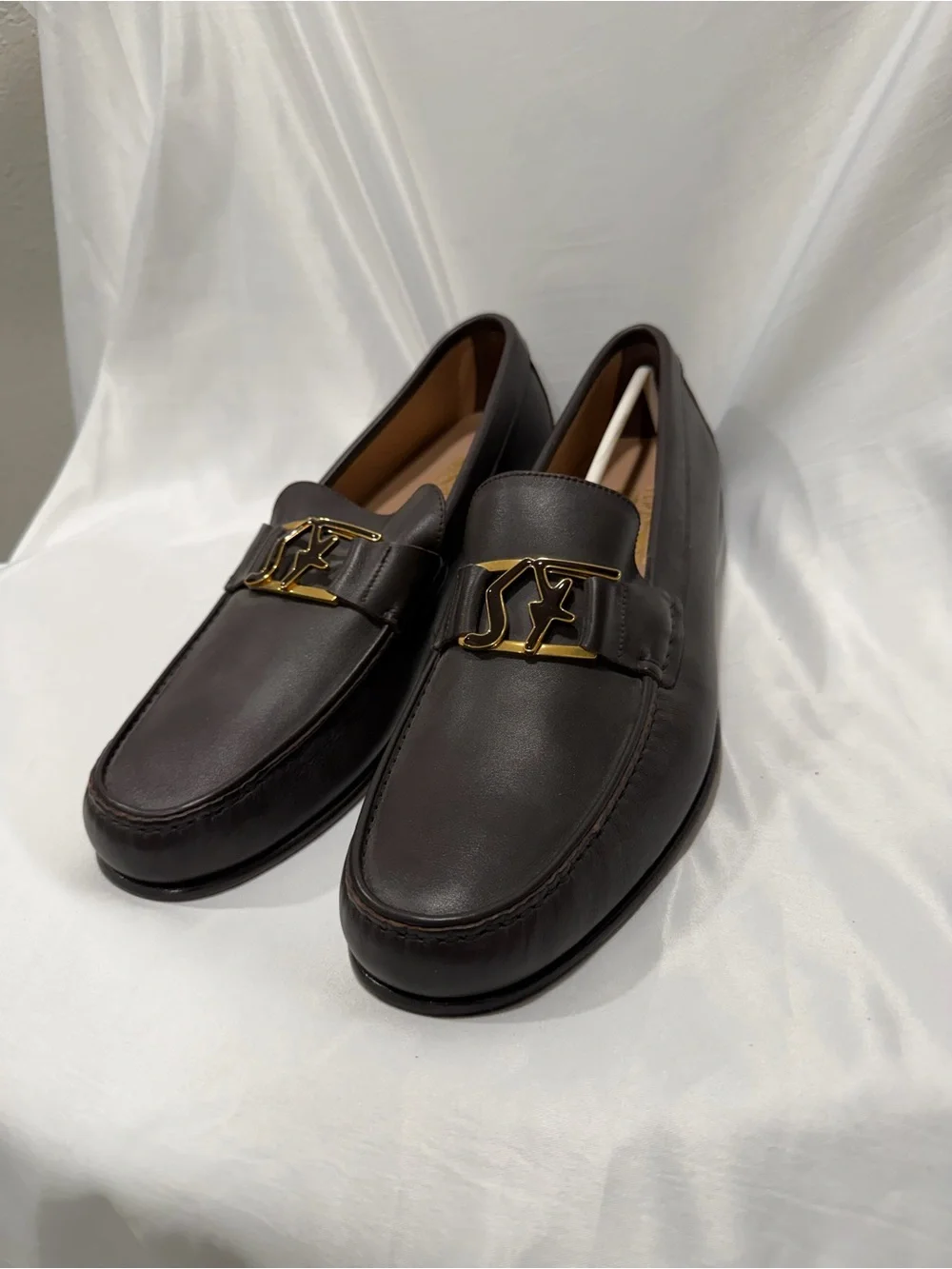 Salvatore Ferragamo Brown Leather Loafers with Gold Logo Hardware